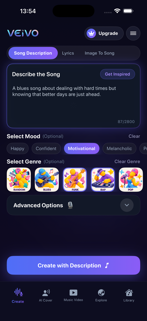 AI Music Generator: Songs - Veivo app interface for creating music from a text description with mood and genre options