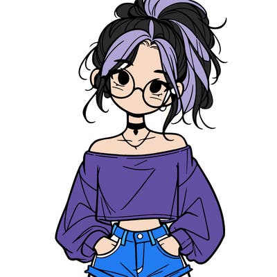 girl with a messy ponytail glasses a baggy crop top and jean shorts