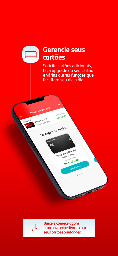 Mobile screen showing Santander Way app for managing credit cards in Portuguese.