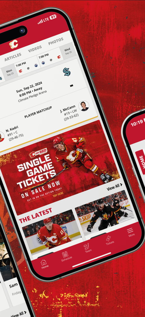 Calgary Flames App - Calgary Flames mobile app home screen displaying game schedules, ticket sales promotions, and the latest team news.