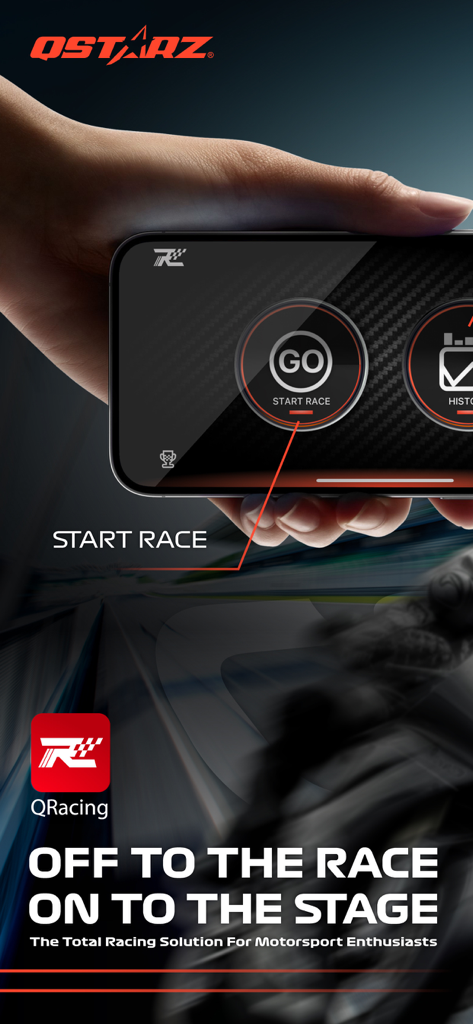 QRacing - Una mano sosteniendo un smartphone que muestra la pantalla de inicio de carrera de la aplicación QRacing con un botón GO