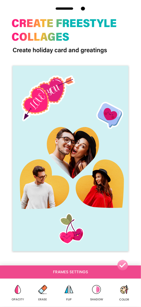 Interface do aplicativo mostrando a criação de colagens freestyle com molduras de fotos em forma de coração e ferramentas de edição.