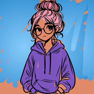 teen girl with a messy bun and glasses wearing a loose hoodie and jeans