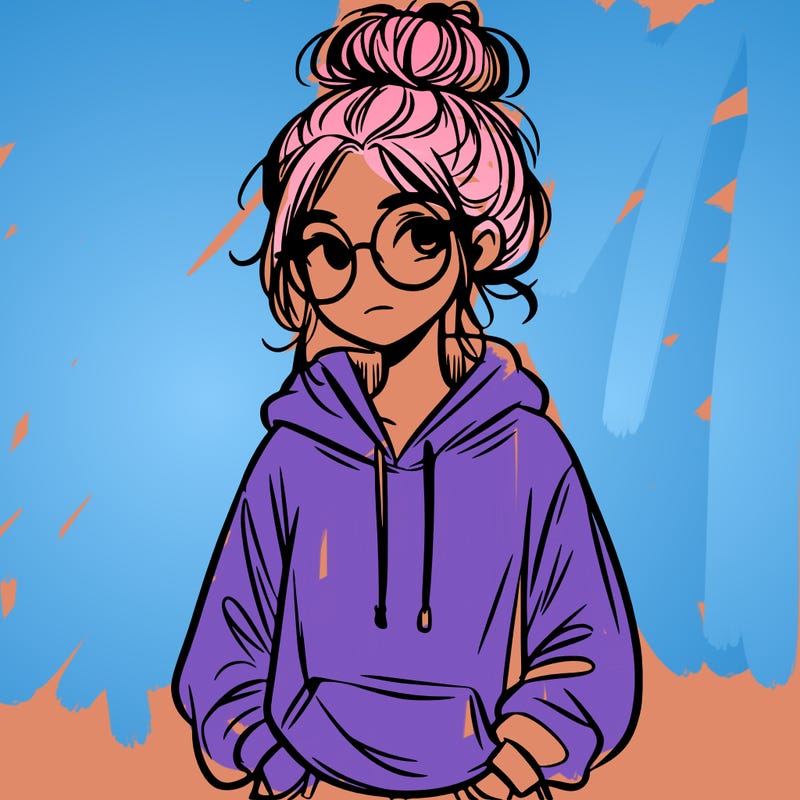 teen girl with a messy bun and glasses wearing a loose hoodie and jeans