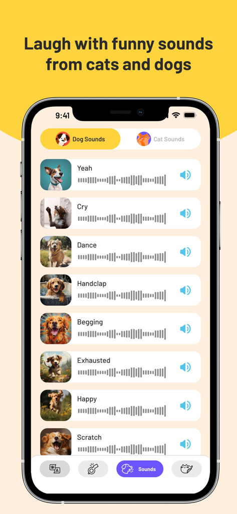 Pet Sound: Dog & Cat Sounds - Mobile app interface showing a list of funny dog sounds with images and audio waveforms