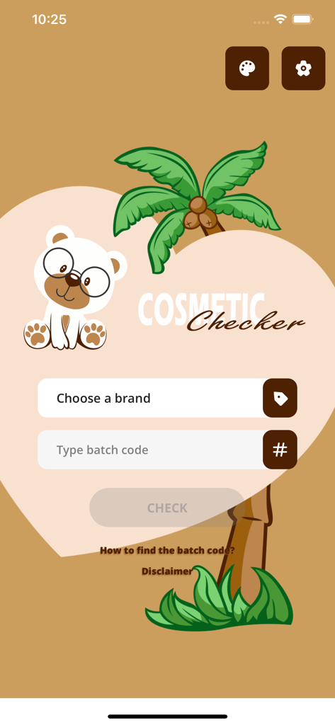 Cosmetic Checker - Main screen of the Cosmetic Checker app featuring brand selection and batch code input fields with a cute bear and tropical theme.