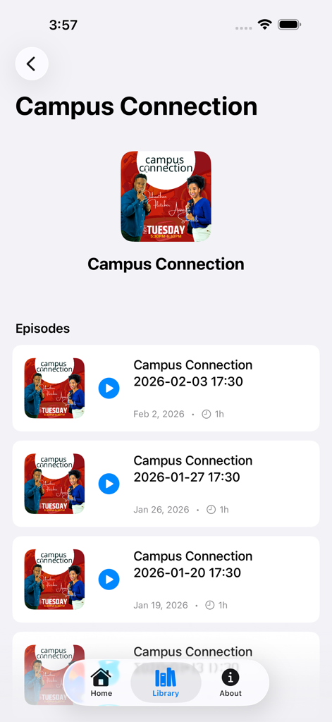 Love 101 FM app interface showing the Campus Connection podcast episode list