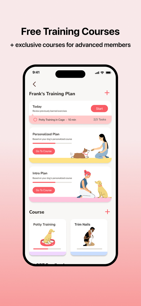 Traini-Dog Translator&Training - Smartphone display showing the Traini app training plan interface with daily tasks and personalized dog courses