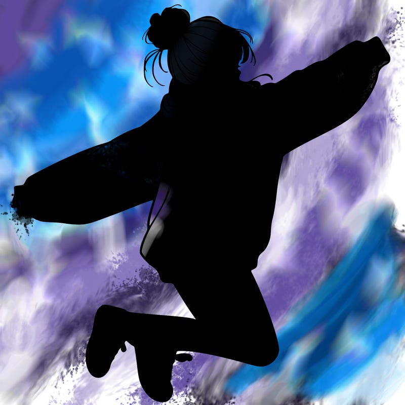 realistic girl jumping with a bun and oversized sweatshirt