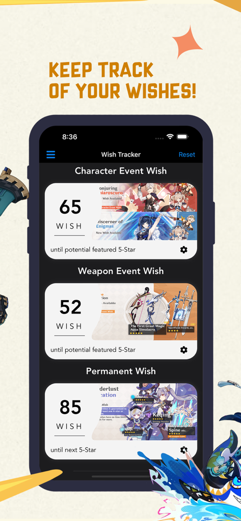GI Pocket Helper - Genshin Impact wish tracker showing character and weapon banner pity progress