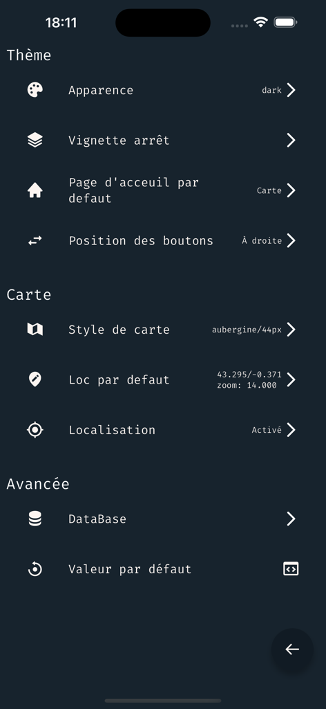 IDELight - Settings menu of the IDELight transit app showing customization options for theme and map in dark mode