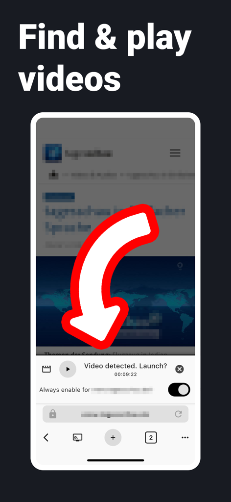 Un'interfaccia browser mobile che mostra un prompt di video rilevato con una freccia rossa che punta al pulsante di riproduzione.