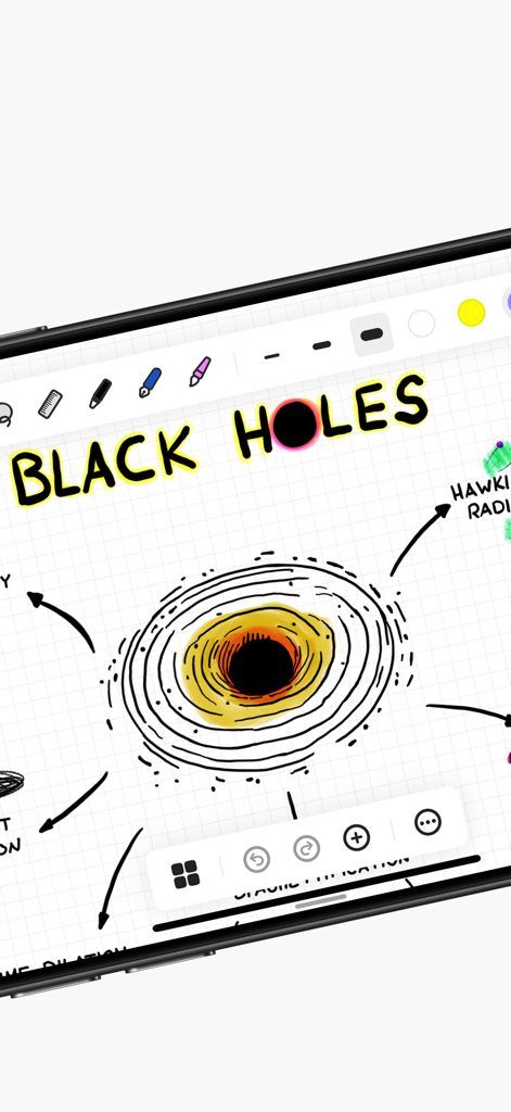 Notedrafts: Note Taking - A colorful hand drawn sketch of a black hole on a grid canvas in the Notedrafts app