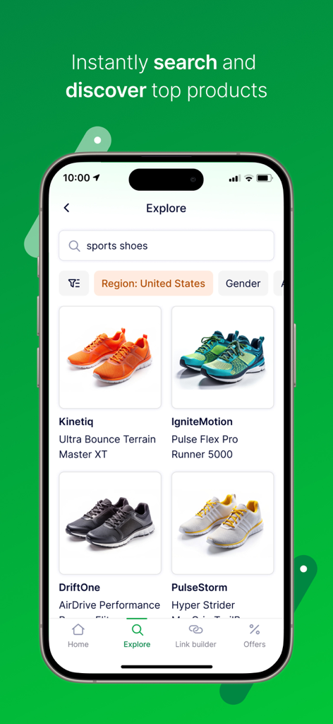 Awin - The Explore screen of the Awin app showing sports shoe search results and product listings