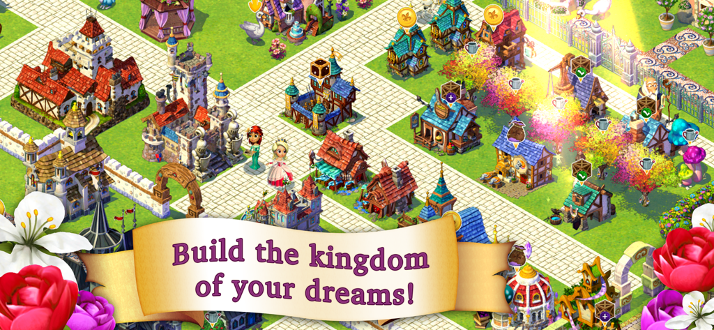 Castle Story™ - Eine lebendige isometrische Ansicht eines benutzerdefinierten Fantasy-Königreichs in Castle Story mit verschiedenen mittelalterlichen Gebäuden, Charakteren und floralen Dekorationen mit einem Banner, auf dem steht: Baue das Königreich deiner Träume