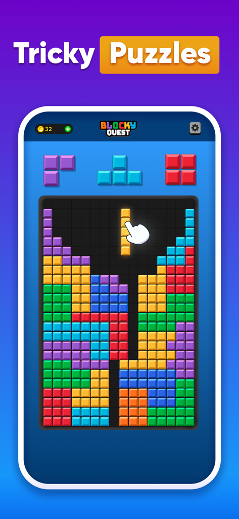 Blocky Quest - Classic Blocks - A mobile game screen showing colorful Tetris-style blocks being placed into a puzzle grid.