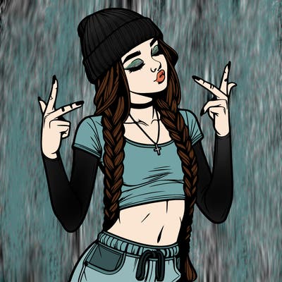 realistic teenage girl with braids and a beanie and crop top doing 🫶🏼
