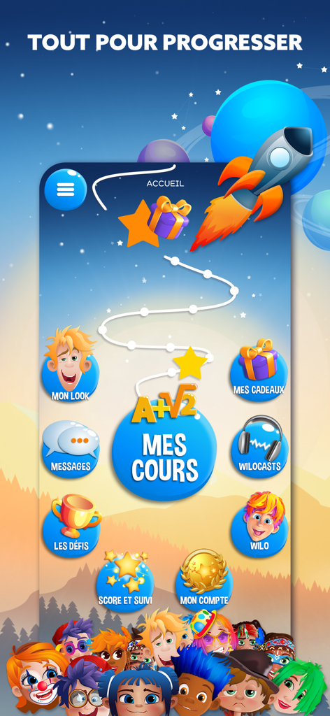 Der Startbildschirm der Wiloki-Bildungs-App mit einem Weltraum-Thema und Symbolen für Lektionen, Podcasts und anpassbare Avatare.