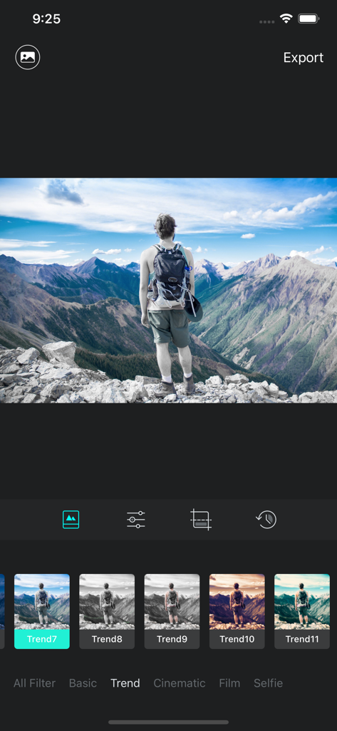 Luca - Photo Editor & Filters - Interface do aplicativo Luca editor de fotos mostrando filtros em alta para uma foto de paisagem de montanha