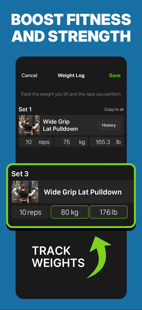 Gym Workout Planner - Gym Plan - Uma captura de ecrã da app móvel da funcionalidade de registo de peso no Gym Workout Planner mostrando séries de puxada dorsal