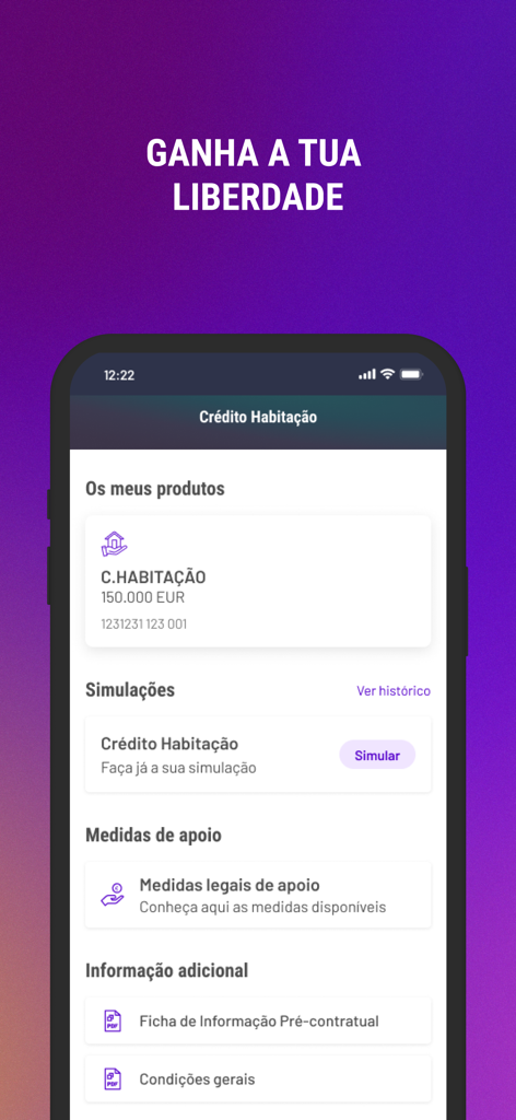BPI App - BPI App interface showing housing credit mortgage details and simulation options.