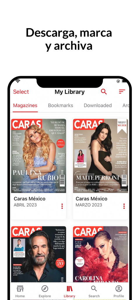 Paulina RubioとMaite Perroniをフィーチャーした雑誌の表紙があるデジタル雑誌ライブラリを表示するCaras Mexicoモバイルアプリのインターフェース