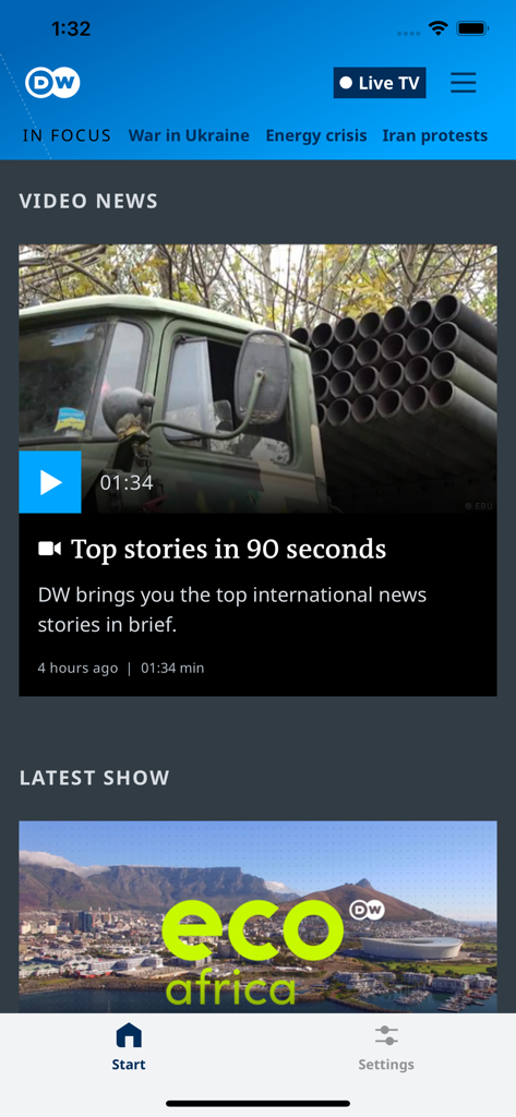 DW Breaking World News app interface displaying video reports and top news categories