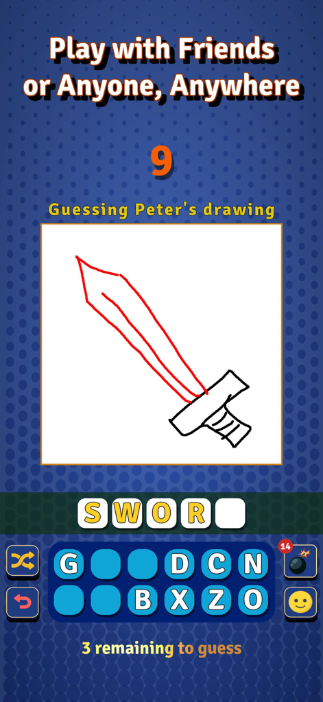 Draw With Buddies Multiplayer - Una interfaz de juego móvil que muestra un dibujo de una espada roja con un rompecabezas para adivinar su nombre.