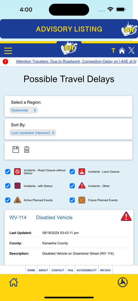 WV 511 Drive Safe app interface showing travel delays and traffic incident filters for road closures, lane closures, and active events.