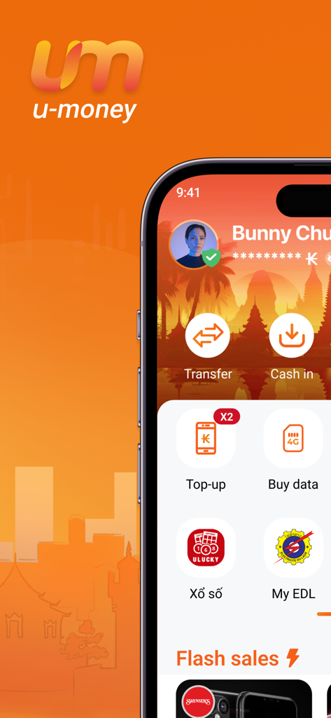 u-money mobile app home screen showing money transfer and bill payment options