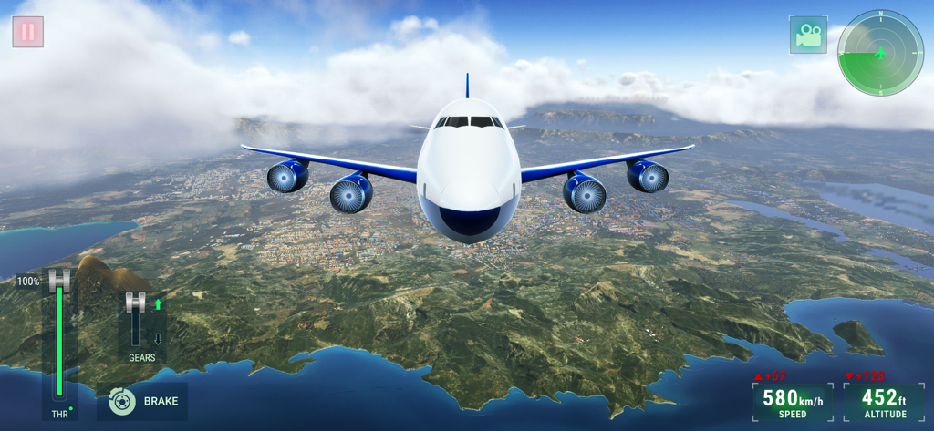 A large passenger jet flying over a scenic coastal city in Flight Simulator 2025