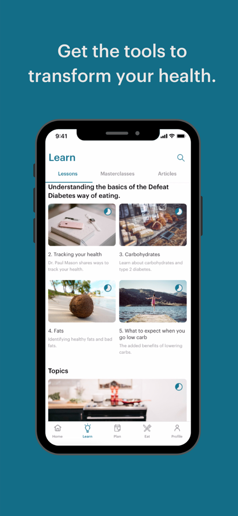 Defeat Diabetes - Interface of the Defeat Diabetes app showing educational lessons on health tracking, carbohydrates, and nutrition.