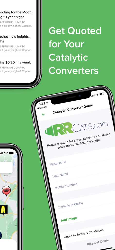 iScrap: National Scrap Prices - A mobile screen showing the catalytic converter quote request form in the iScrap app