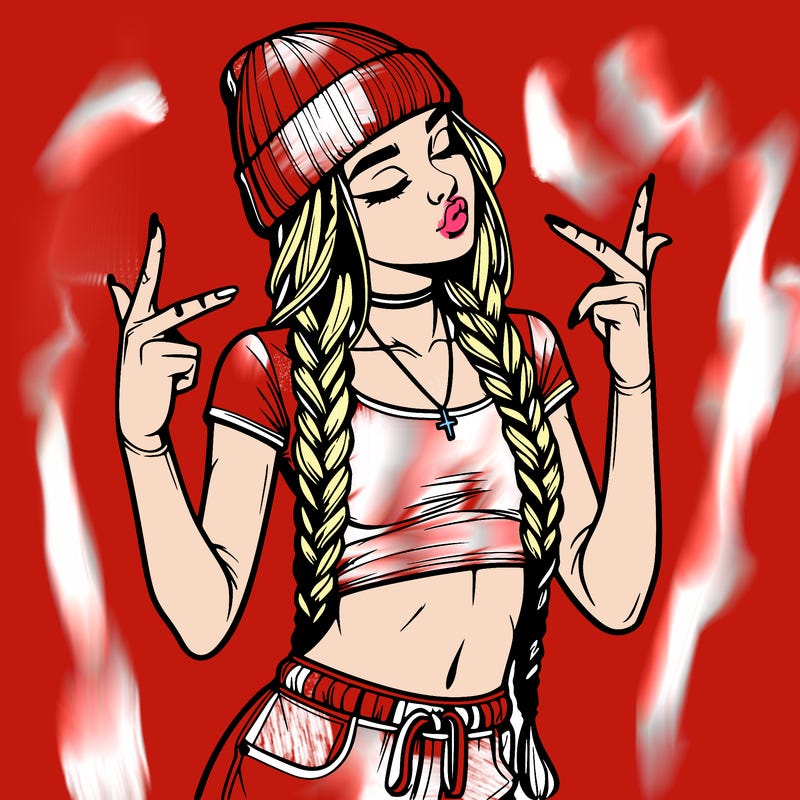 realistic teenage girl with braids and a beanie and crop top doing 🫶🏼