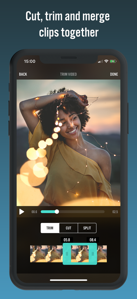 iPhone screen displaying Videorama app interface for trimming and cutting video clips