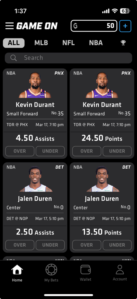 GameOn Fantasy - GameOn Fantasy mobile app interface showing NBA player prop predictions with over under options