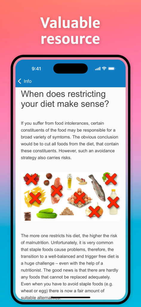 Artículo educativo en la aplicación Intolerancias Alimentarias que explica los riesgos y beneficios de restringir alimentos específicos en una dieta.