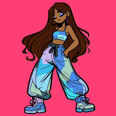 girl in baggy pants crop top and long hair