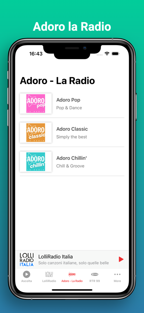 LolliRadio - Interfaz de la aplicación LolliRadio que muestra la lista de canales Adoro La Radio, incluyendo música Pop, Clásica y Chillin.
