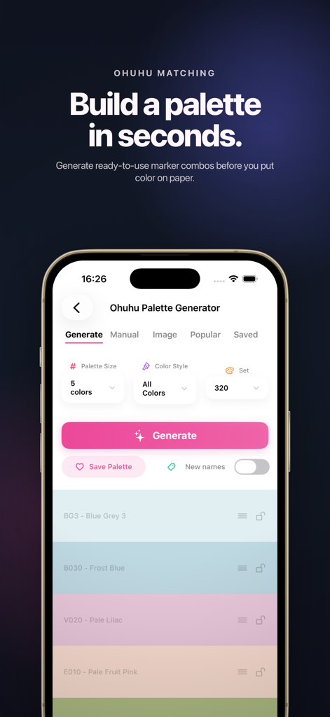 A mobile screen showing the Colora app Ohuhu marker palette generator with color combinations.