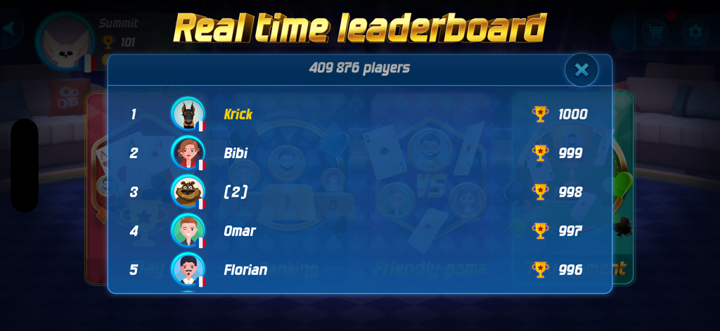 Crazy 8 Online - Real time leaderboard in Crazy 8 Online showing top player rankings and trophy counts