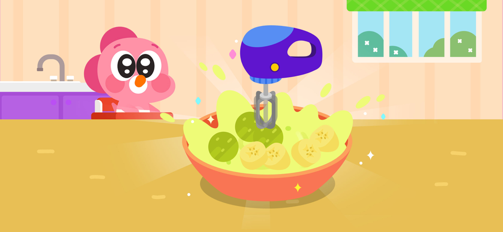 Cocobi Baby Care - Babysitter - A pink baby dinosaur watching a hand mixer prepare fruit in a bowl
