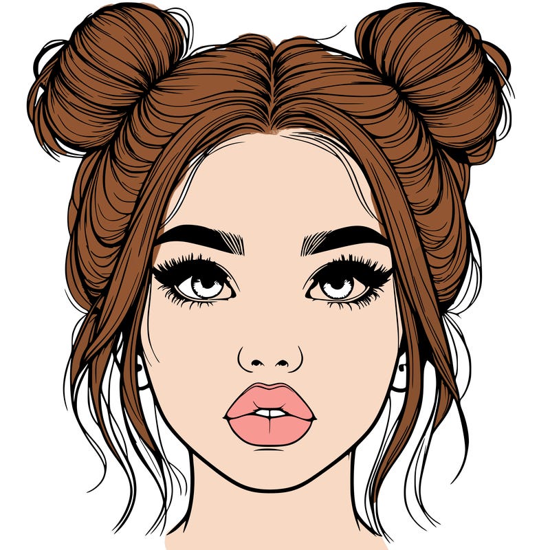 realistic girl with two buns on her hair and lips