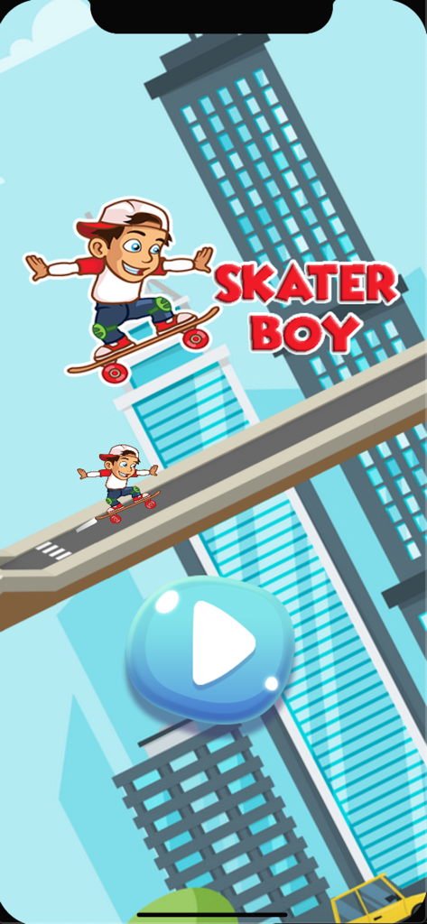 Crazy Skater Boy Big Adventure - Crazy Skater Boy game menu showing cartoon character skateboarding over a city background with a large play button
