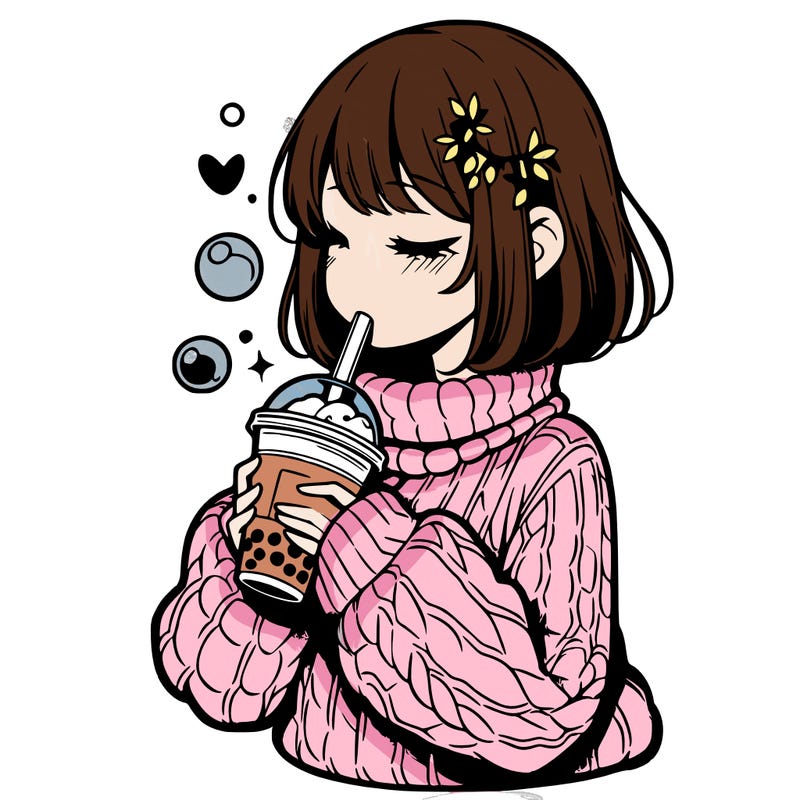 manga girl drinking boba in cozy sweater