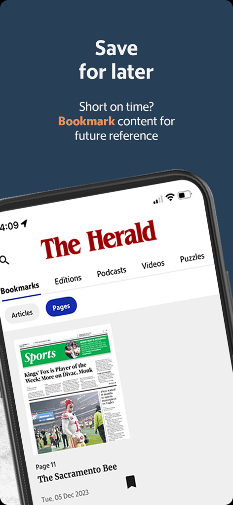 Rock Hill Herald News app interface showing the bookmark feature to save news articles for later.