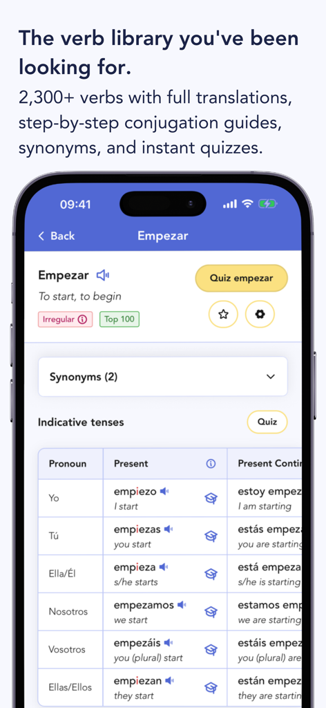 Ella Verbs: Learn Spanish - Interfaz de la aplicación Ella Verbs que muestra una tabla completa de conjugación de verbos españoles para el verbo Empezar.
