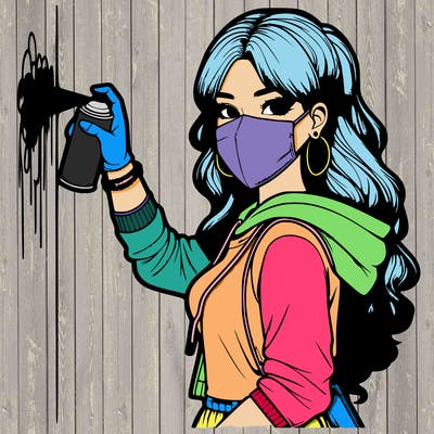 realistic girl with mask spray painting a wall