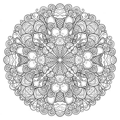 Discover a delightful gelato mandala coloring page, thoughtfully designed for seniors. This intricate yet accessible pattern combines the joy of coloring with a sweet, calming theme.