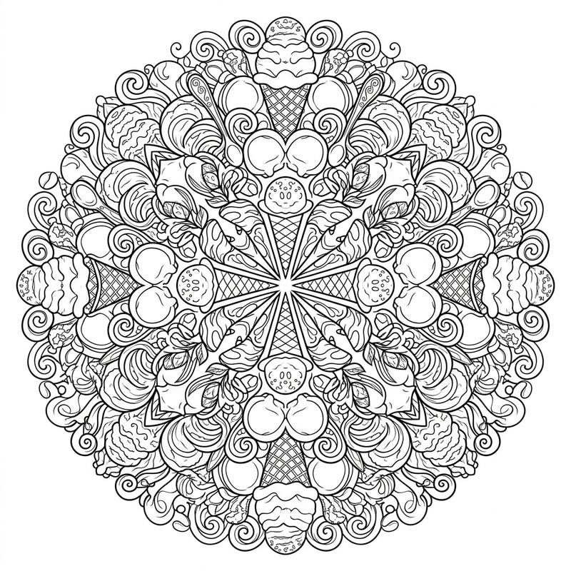 Discover a delightful gelato mandala coloring page, thoughtfully designed for seniors. This intricate yet accessible pattern combines the joy of coloring with a sweet, calming theme.